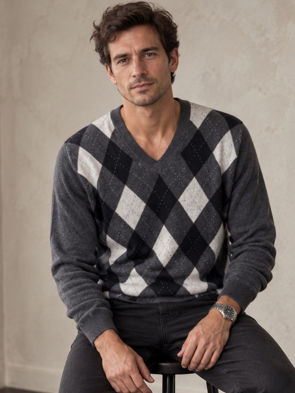 Tasso Elba Men's 100% Cashmere Argyle V Neck Sweater Gray XL